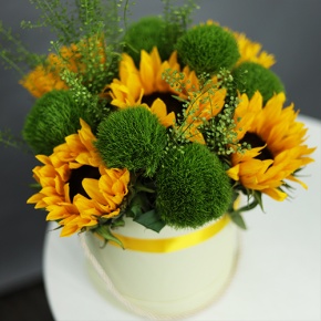 Композиция в шляпной коробке из подсолнухов и диантусов люкс в Волоколамске